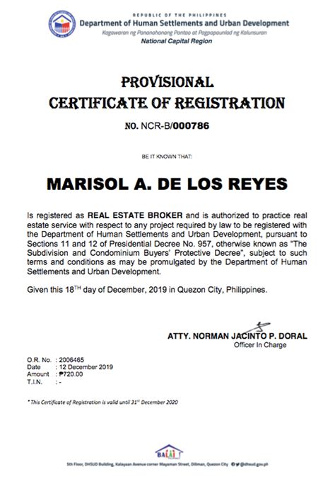 dhsud certificate of registration